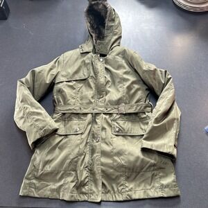 Green Hooded Full Zip Button Outdoor Utility Jacket Hiking Size Medium Faux Fur